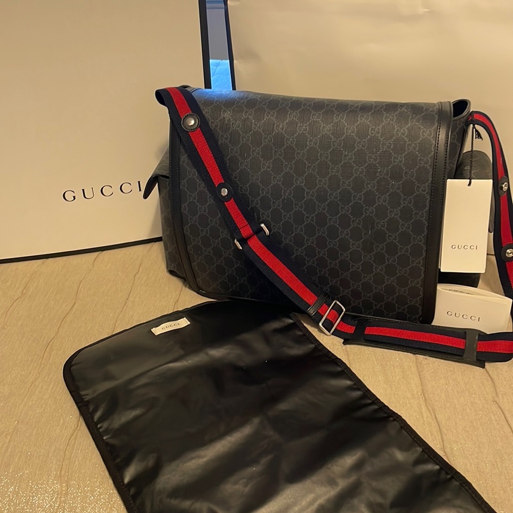 Gucci Black GG Messenger Baby Bag with Red and Navy Web Strap